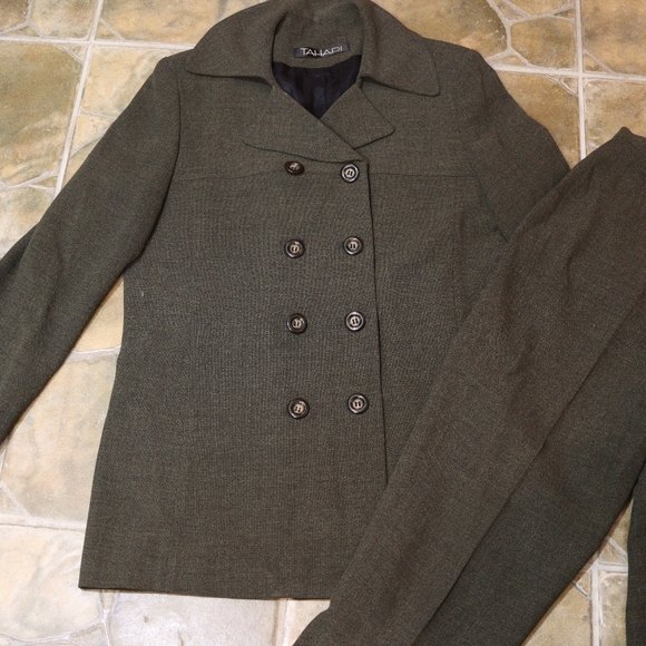 Vintage Tahari Gray Green Matching Long Line Blazer & Pants Suit Set 12 - Picture 2 of 16